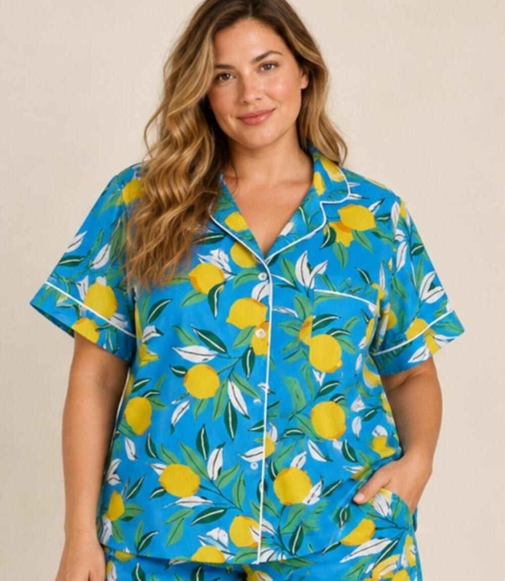 Printfresh Lemon Zest Organic Cotton Pajama Top 1X Blue Yellow TOP ONLY
